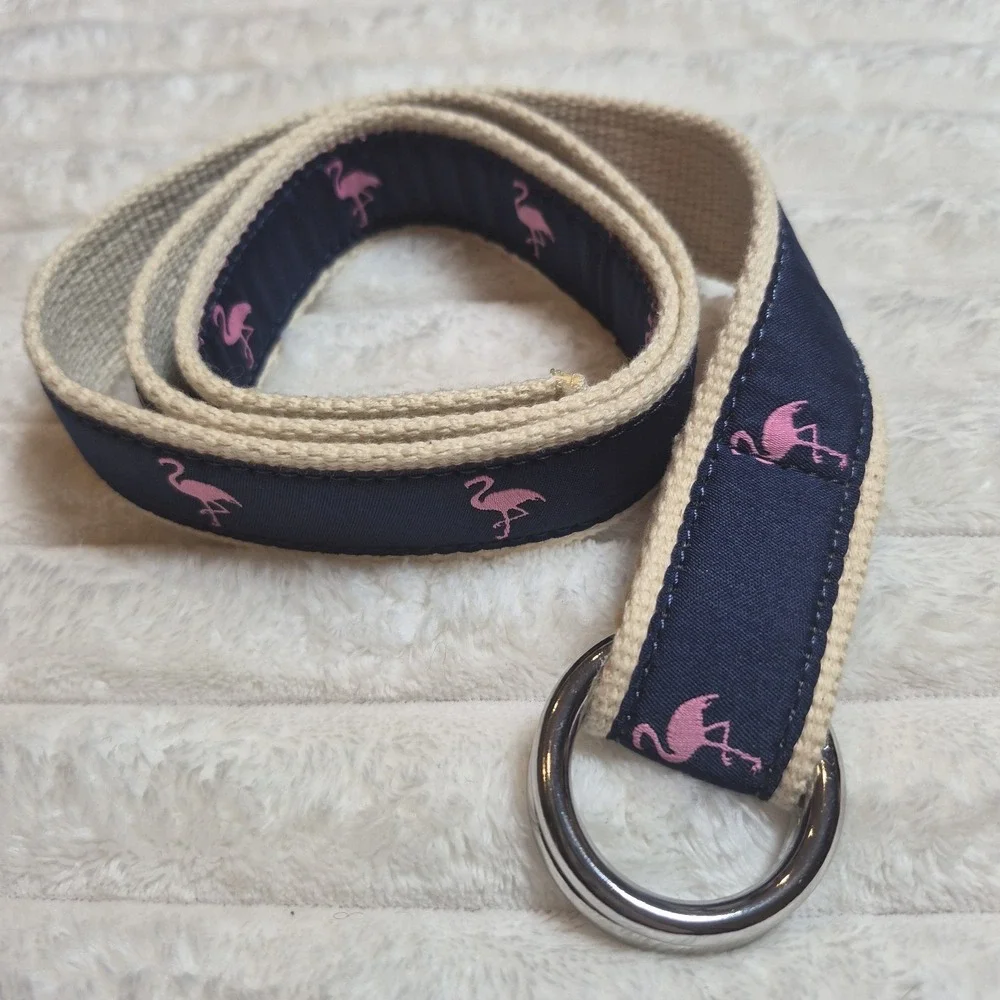 J. Crew Mens Flamingo Navy Blue Pink D-Ring Web Belt Cotton S/M G6095
